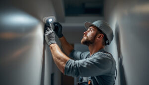 A photograph of a skilled lighting contractor installing recessed lighting in a modern home setting