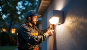 A photograph of a lighting contractor installing or adjusting a motion sensor light in a residential or commercial setting