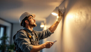 A photograph of a lighting contractor installing or inspecting modern led light fixtures in a residential or commercial setting