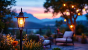 A photograph of a beautifully designed outdoor lamp illuminating a cozy patio setting at dusk