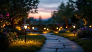 A photograph of a beautifully illuminated outdoor space featuring solar-powered yard lights