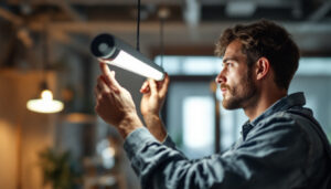 A photograph of a skilled lighting contractor installing or adjusting a modern tube light in a well-lit space