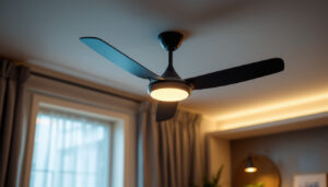 A photograph of a well-designed ceiling fan in a stylishly lit room