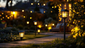 A photograph of a beautifully illuminated outdoor space featuring various styles of solar lights