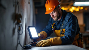 A photograph of a lighting contractor in action