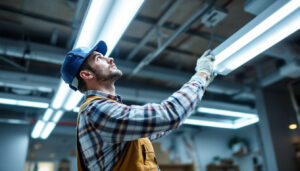 A photograph of a lighting contractor installing or inspecting fluorescent lights in a commercial or residential setting