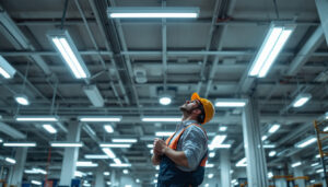 A photograph of a well-lit commercial space showcasing various types of fluorescent lighting fixtures in use