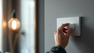 A photograph of a skilled lighting contractor adjusting a modern dimmer switch in a stylishly lit room