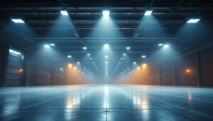 A photograph of a well-lit industrial or commercial space showcasing multiple 400w high bay lights in action