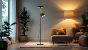 A photograph of a stylish shop floor lamp in a well-lit