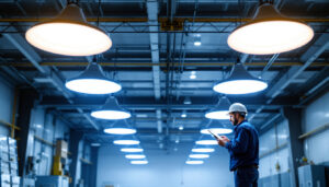 A photograph of a well-lit industrial space showcasing various led high bay lights in use