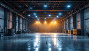 A photograph of a well-lit industrial space showcasing 400 watt led high bay lights in action