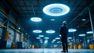 A photograph of a well-lit industrial space showcasing ufo led high bay lights in action