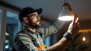 A photograph of a lighting contractor installing a sleek led lamp fixture in a modern residential or commercial space