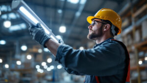 A photograph of a lighting contractor expertly installing or adjusting warehouse led lights in a spacious