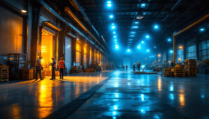 A photograph of a spacious warehouse interior illuminated by bright