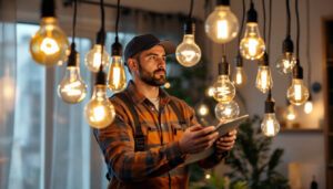 A photograph of a lighting contractor in action