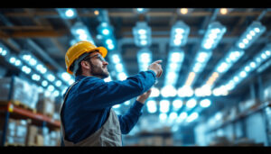 A photograph of a lighting contractor inspecting a vibrant array of industrial led lights in a warehouse setting