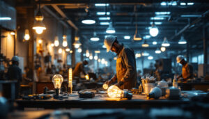 A photograph of a well-lit industrial workspace featuring various types of led bulbs in use