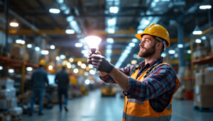 A photograph of a lighting contractor installing industrial led lamps in a bustling warehouse or factory setting