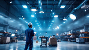 A photograph of a well-lit warehouse interior showcasing various types of lighting fixtures in use