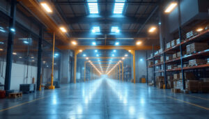 A photograph of a brightly lit warehouse interior showcasing various warehouse led light fixtures in action