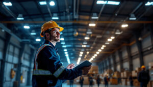 A photograph of a lighting contractor examining an industrial led fixture installation in a warehouse setting