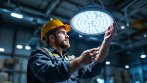 A photograph of a lighting contractor examining a poorly installed industrial led fixture in a warehouse setting