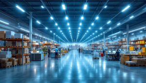 A photograph of a well-organized warehouse interior showcasing efficient lighting solutions