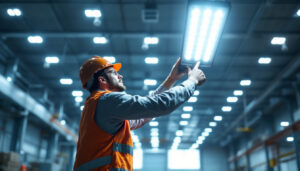 A photograph of a lighting contractor installing or adjusting high bay led lights in a large industrial or commercial space