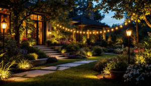 A photograph of a beautifully illuminated outdoor space at dusk