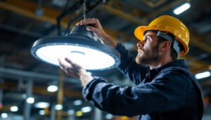 A photograph of a lighting contractor installing or inspecting a ufo led high bay light in an industrial or commercial setting