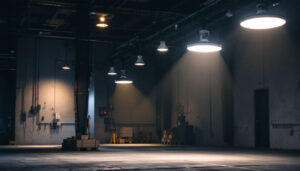 A photograph of a well-lit industrial space showcasing led ufo high bay lights in action