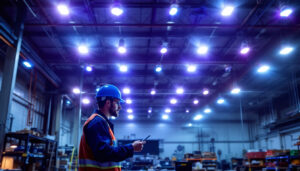 A photograph of a well-lit industrial workspace featuring high bay led shop lights in action