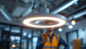 A photograph of a modern led ufo-style light fixture in a well-lit