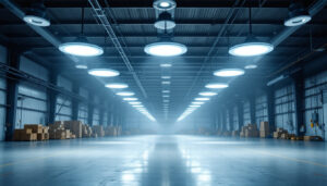 A photograph of a well-lit industrial space featuring ufo high bay lights in action