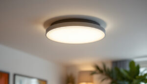 A photograph of a stylish flush mount ceiling light installed in a modern interior setting