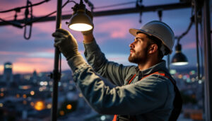 A photograph of a skilled lighting contractor expertly installing or adjusting sophisticated lighting fixtures in a vibrant urban setting