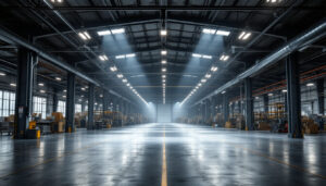 A photograph of a spacious industrial workspace illuminated by high bay shop lights