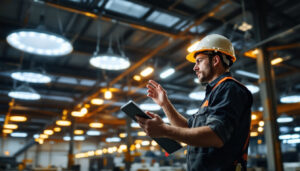 A photograph of a well-lit industrial space featuring high bay led light fixtures in action