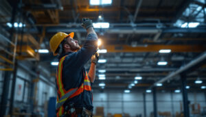 A photograph of a well-lit industrial space showcasing led high bay fixtures in action