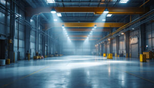 A photograph of a brightly lit industrial space featuring high bay fixtures in action