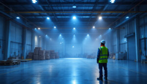 A photograph of a well-lit industrial space showcasing high bay led lights in action