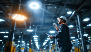 A photograph of a well-lit industrial space showcasing led high bay lights in action