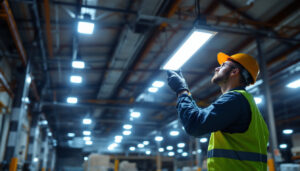 A photograph of a well-lit industrial or commercial space showcasing the 100w led high bay lights in use