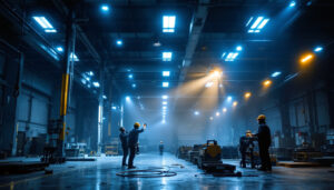 A photograph of a well-lit industrial space showcasing high bay led lights in action