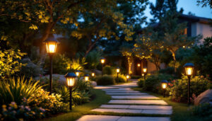 A photograph of a beautifully landscaped outdoor space illuminated by various styles of solar lights at dusk