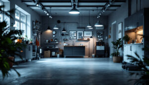 A photograph of a well-lit garage interior showcasing various lighting fixtures and a contractor using a layout calculator