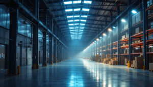 A photograph of a well-lit warehouse interior showcasing various lighting solutions in action