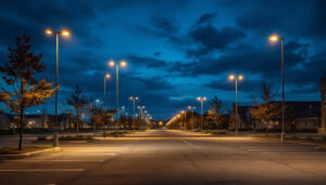 A photograph of a well-lit parking lot at dusk